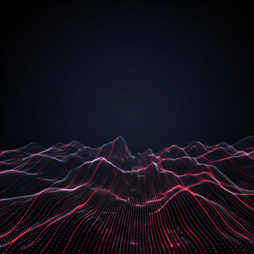 Abstract futuristic digital network with flowing data particles and red light streaks on deep dark background