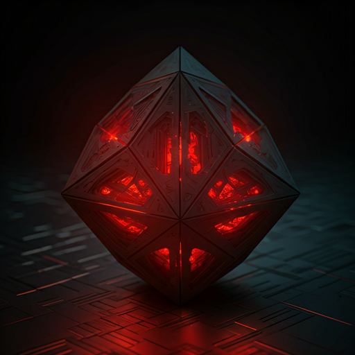 High-tech geometric sculpture glowing with crimson lights against a dark metallic laboratory background